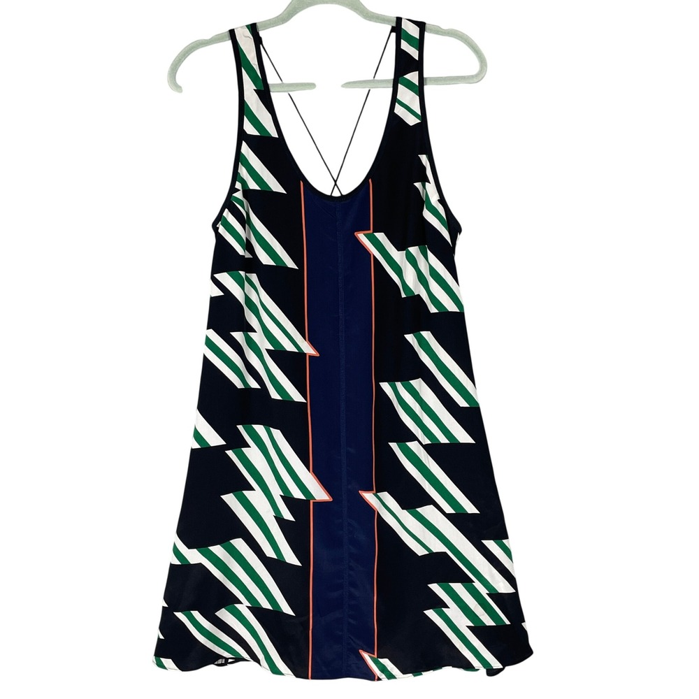 Derek‎ Lam 10 Crosby Mini Dress Women 4 Navy Green Silk Geometric Flirty Strappy